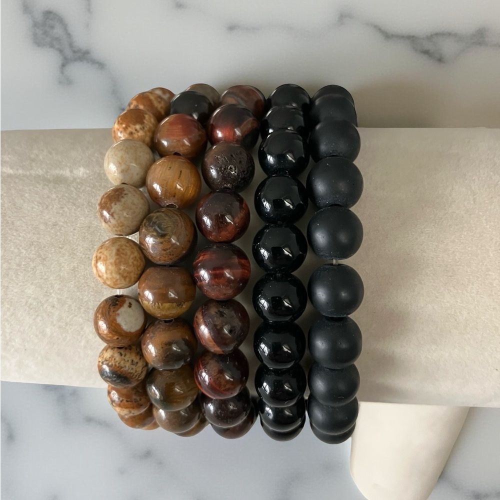 Set 5 Beaded Bracelets Stackable Stretch Brown Bl… - image 3